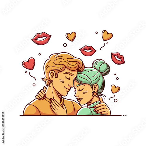 A loving couple embracing with hearts and lips floating around them, depicting romance and affection.