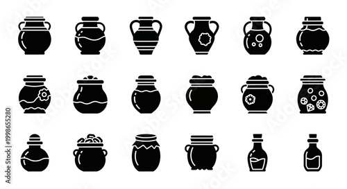 Black clay pot, ceramic vase, jar icons, 20 silhouette collection