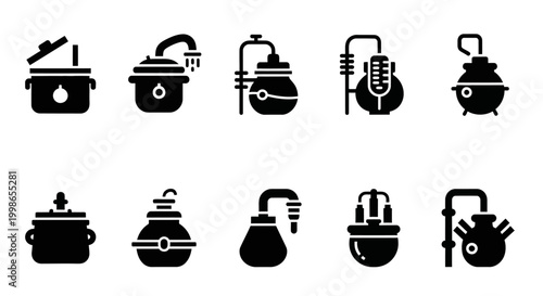 Black laboratory equipment icons, science lab tools, chemistry symbols, 10 piece vector set