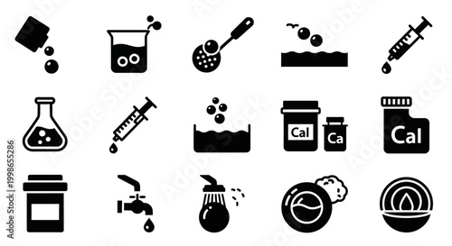 Science, laboratory, chemistry icons, 16 black and white vector symbols, medical research illustrations, lab equipment, pharmaceutical signs