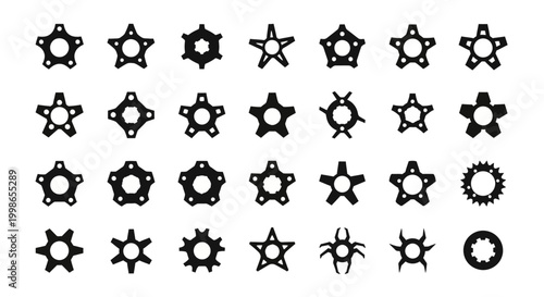 Black starburst shapes, star icons, burst symbols, geometric graphics, 25 starburst elements