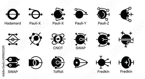 Quantum computing icons, 16 symbol set, black and white, vector graphics, Pauli-X, Hadamard, Fredkin gate, quantum mechanics, physics, scientific notation, mathematical symbols