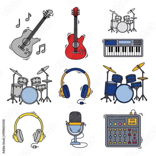Musical Instruments and Audio Equipment Collection - Guitar, Drums, Keyboard, Headphones, Mic