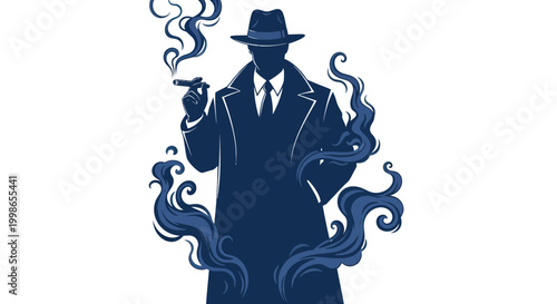Mysterious Detective Smoking Cigar Surrounded by Smoke, Noir Style