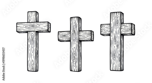 Three Wooden Crosses on White Background, Religious Symbolism