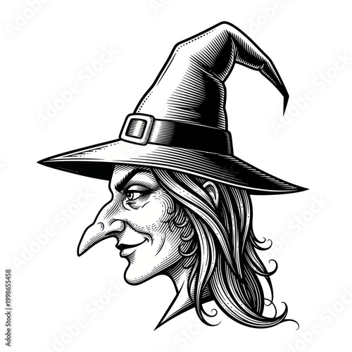 Witch Profile Silhouette, Halloween Witch Hat, Vintage Engraving Style