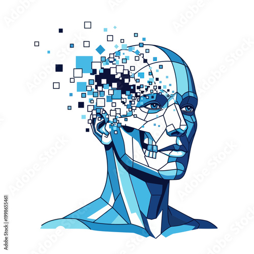 Abstract Human Head Decomposing into Digital Pixels, AI Concept