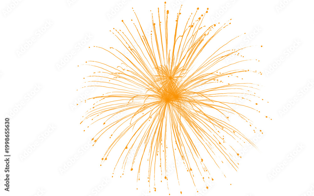 Obraz premium Golden firework burst isolated on white background, sparkling orange pyrotechnic explosion, festive light trails for celebration and holiday design