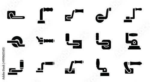Black pipe fitting icons, plumbing symbols, 16 tube connector graphics, vector plumbing elements