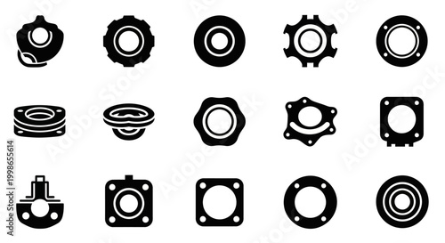 Mechanical, gear, cog, and washer icons, black and white, 13 piece vector set