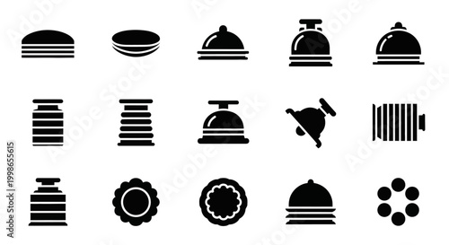 Food, restaurant, hotel icons, 20 black and white vector graphics, catering symbols, dish covers, plates, kitchen utensils