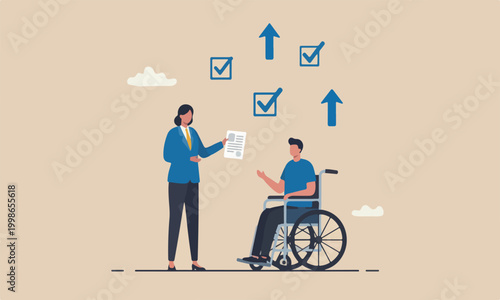 Diversity opportunity for disability people concept, HR officer offering job for new disabled candidate on the wheelchair be permanent employee