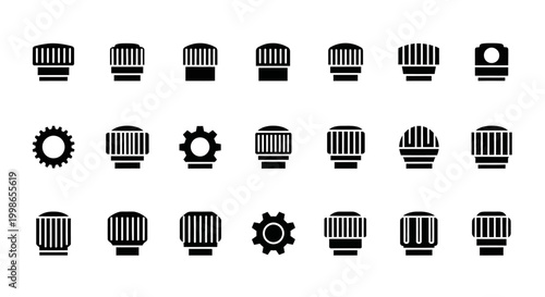 Industrial icons, gear and machinery symbols, black vector set, 20 mechanical elements