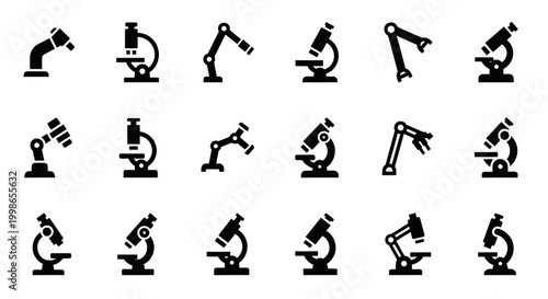Microscope Icons, Laboratory Symbols, Science Vector Graphics, 16 Microscope Illustrations