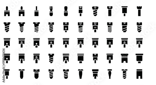 Screw, bolt, nut icon set, 40 black and white symbols, industrial hardware vector graphics