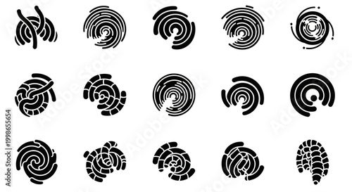 Black swirl, spiral, curl icons, 13 vector graphics, swirling shapes, abstract symbols, design elements