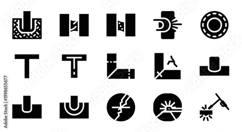 Black and white industrial icons, mechanical symbols, 20 industrial signs, vector graphics