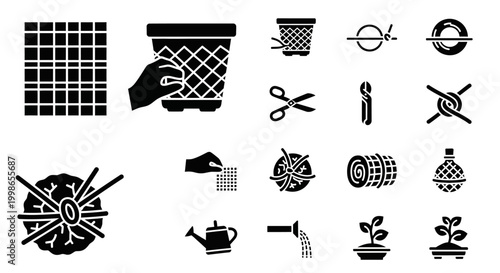 Gardening, icons, black, silhouette, vector, 20 symbols, gardening tools, plants, garden, landscaping
