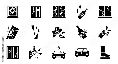 Shattered glass, broken window, explosion icons, damage symbols, 13 black vector graphics