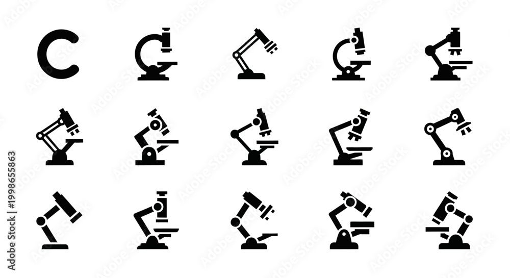 Fototapeta premium Microscope Icons, Laboratory Equipment Symbols, Science Illustration Set, Black Vector Graphics