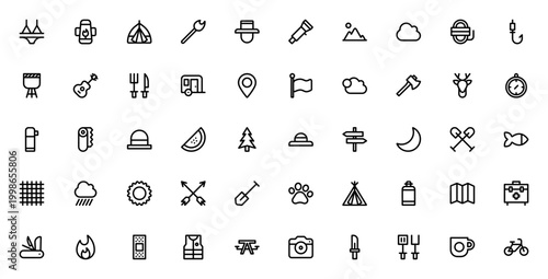 Camping icon set. Outdoor vector illustrations. Includes tent, compass, fishing rod, barbecue, campfire, hiking gear and more. Editable stroke.