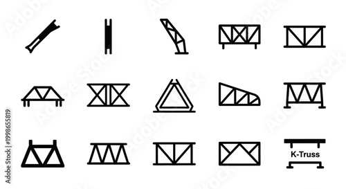 Truss, construction, bridge, beam, icon set, 15 black vector graphics, architecture, engineering symbols