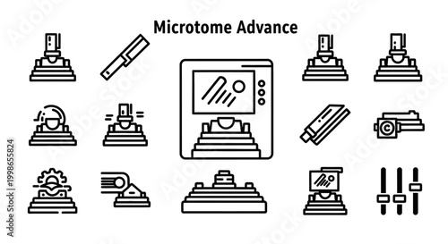 Microtome Advance, Laboratory Equipment Icons, Medical Lab Symbols, Vector Illustration Set