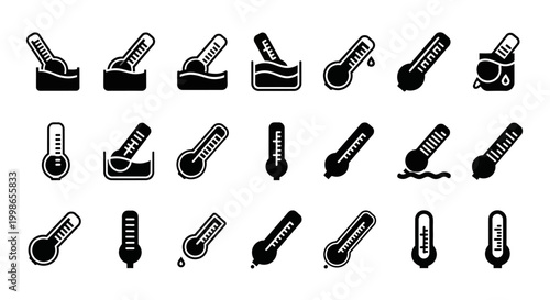 Thermometer icons, temperature symbols, black and white graphics, vector set