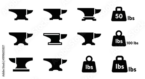 Black anvil, weight icons, industrial symbols, 8 anvil shapes, 4 weight labels, lbs, vector graphics