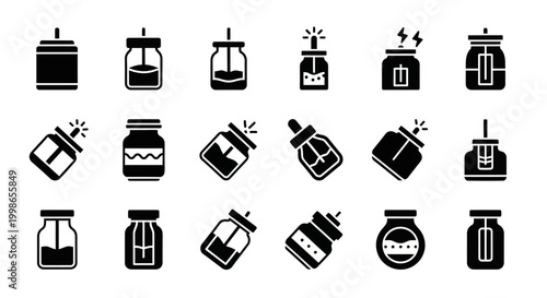 20 black and white icons of spray paint cans and bottles, vector graphics