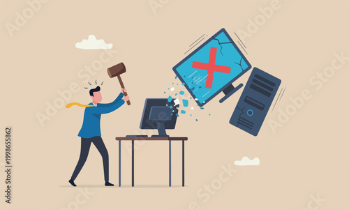 Chaos bigger one fall overworked or disappointment and mistake concept, frustrated businessman hitting to break computer with hammer