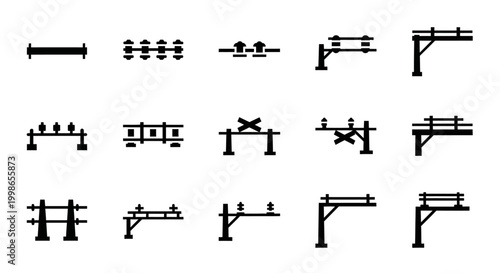 Industrial pipe, pipeline, tubing icons, black and white, 16 symbols, vector graphics