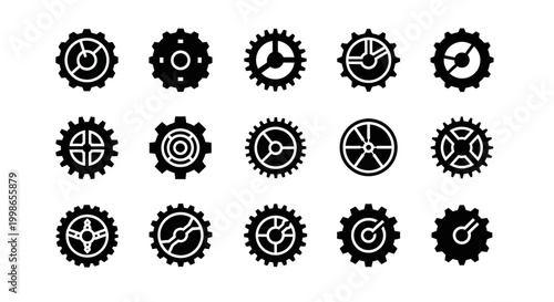 Gear icons, mechanical symbols, cogwheel graphics, black and white illustrations, 16 icon set, vector graphics