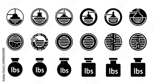 Weight icons, lbs symbols, weight signs, scales illustrations, black and white vector graphics