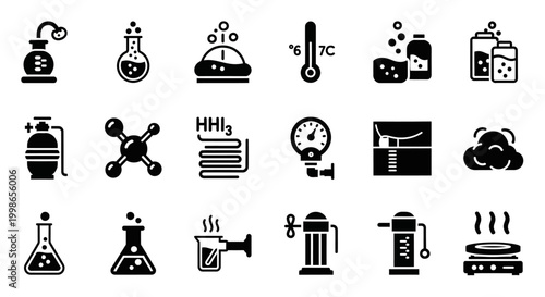 Science, laboratory, chemistry icons, 20 black line symbols, lab equipment, chemistry lab, science illustrations, educational icons