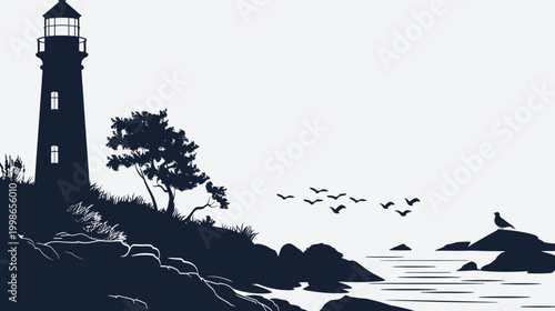 Silhouette of lighthouse on rocky coastline with birds and ocean scene