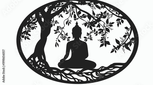 Silhouette of buddha meditating under a tree in an oval frame
