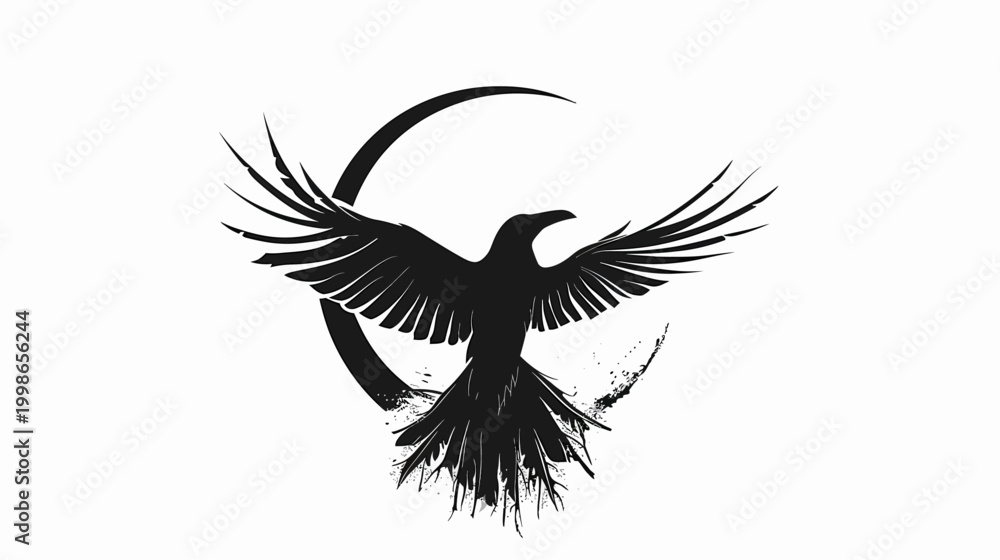 Fototapeta premium Black raven silhouette with outstretched wings against crescent moon symbol