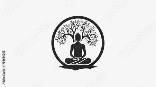 Meditating buddha silhouette with tree circle symbol design for spiritual concepts
