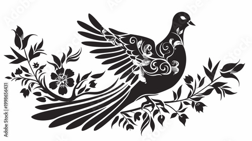 Elegant black and white dove with floral embellishments and leafy branches