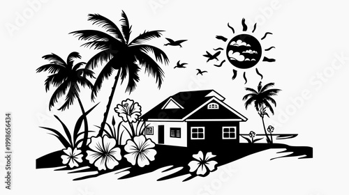 Black and white illustration of a tropical house with palm trees and sun