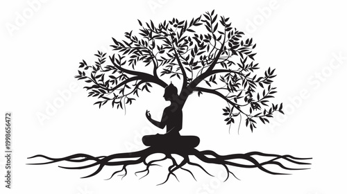 Meditating buddha under tree silhouette symbolizing peace and enlightenment