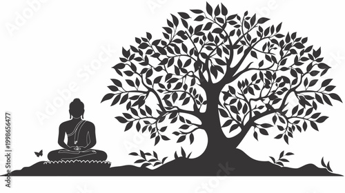 Meditating figure under tree silhouette against white background