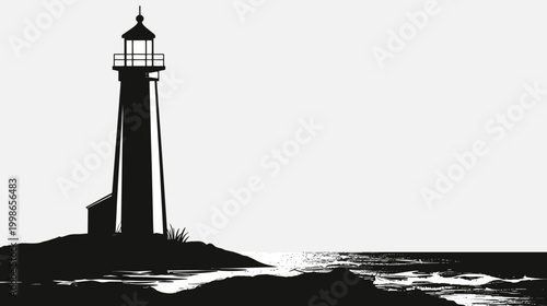 Silhouette of a lighthouse on a rocky coastline with ocean and clear sky
