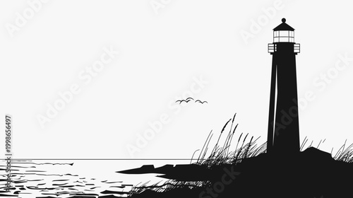 Silhouette of a lighthouse guiding birds and ships at sea under a clear sky