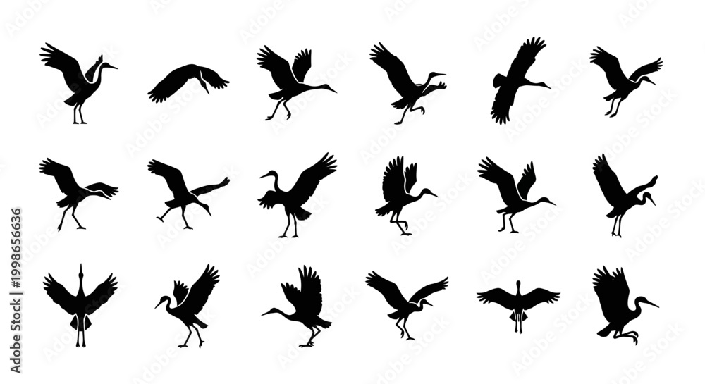 Fototapeta premium Black bird silhouettes, flying crane icons, 20 bird graphics, vector illustrations