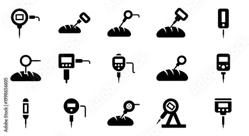 Black, flat, construction icons, tools and equipment, 16 symbols, vector graphics