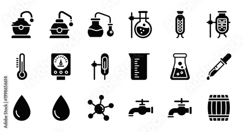 Laboratory, science icons, 20 black vector symbols, chemistry equipment, lab tools
