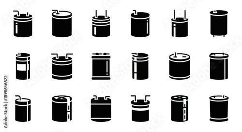 Battery icons, battery symbols, power icons, black battery signs, vector battery illustrations, 20 battery graphics