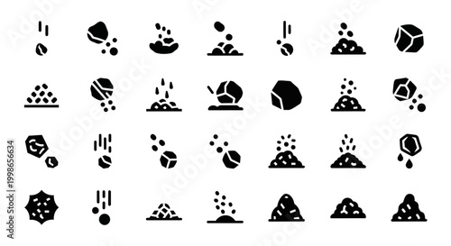 Black icons of rocks, stones, boulders, mineral deposits, geological formations, 30 vector graphics